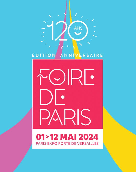 Affiche promotionnelle pour la Foire de Paris 2024, mettant en avant les dates de l'événement et invitant à découvrir une variété de produits, innovations et savoir-faire